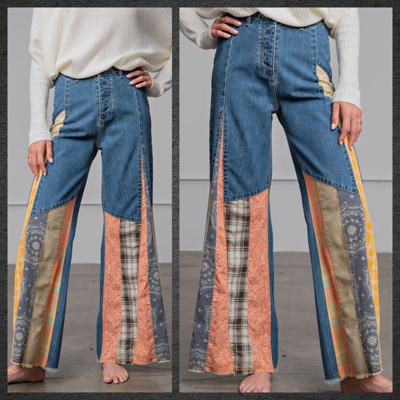 easel Pants & Jumpsuits Easel Loose Fit 0 Cotton Denim Patchwork Flared Leg Bell Bottom Jean